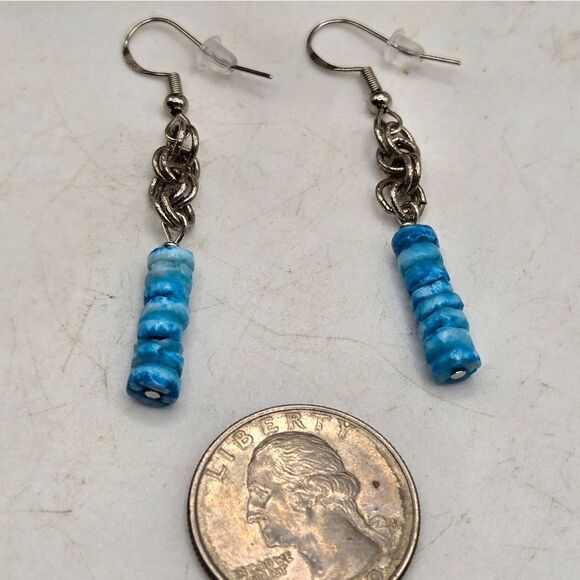 "5/$25" Turquoise Blue Shell Chip Mixed Metal Dangle Earrings Sterling Ear Hooks - Picture 4 of 5